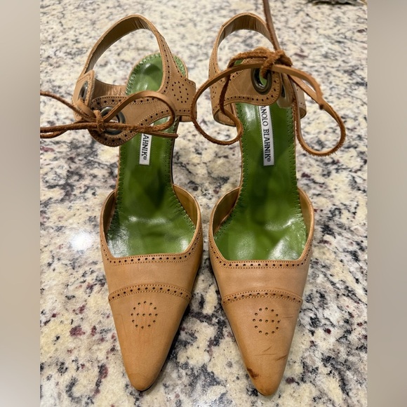 Vintage Manolo Blahnik Tan Heels with Lace-Up Ankle - Picture 1 of 6